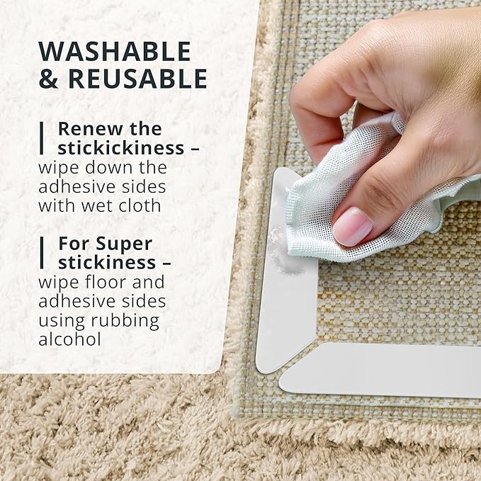 X-Protector Rug Tape - 8 Pcs Set - White Anti-Slip & Anti-Curling Carpet Tape for Hard Floors - Premium Rug Pad Gripper - Ideal Carpet Corner Grippers to Keep Your Carpet in Place & Make Corners Flat
