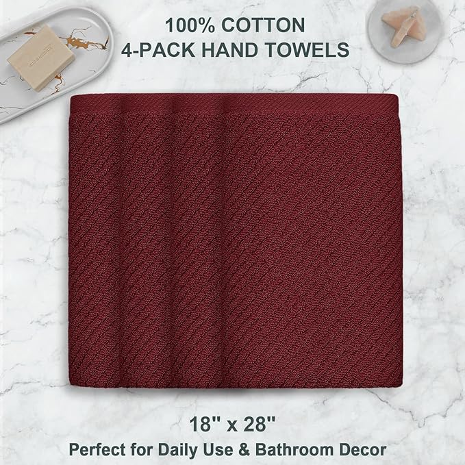 VOOVA & MOVAS Hand Towels for Bathroom Set of 4, Large 18" x 28" - 100% Cotton | Lightweight | Thick | Quick Dry | Soft | Absorbent, Bath Hand Towels for Showering, Bathroom Essentials, Burgundy Red