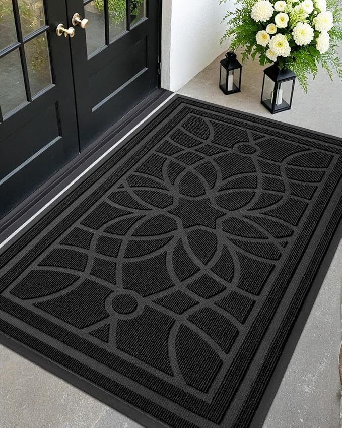 DEXI Front Door Mat Outside Entrance, Heavy Duty Non Slip Low Profile Doormat for Entryway, Trap Dirt and Moisture Welcome Mats, Easy Clean, Patio, Garage, 5x3, Black