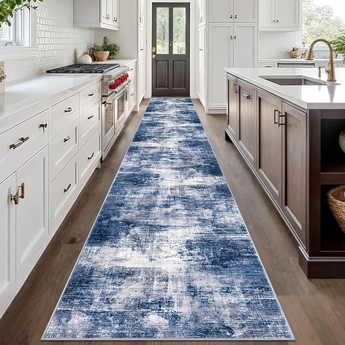 IOHOUZE Abstract Runner Rug 3x20 Ft Extra Long Washable Runners for Hallways, Non Slip Kitchen Runner Printed Faux Wool Entryway Runner Indoor, Modern Abstract Floor Carpet for Hall Stair, Navy/Grey