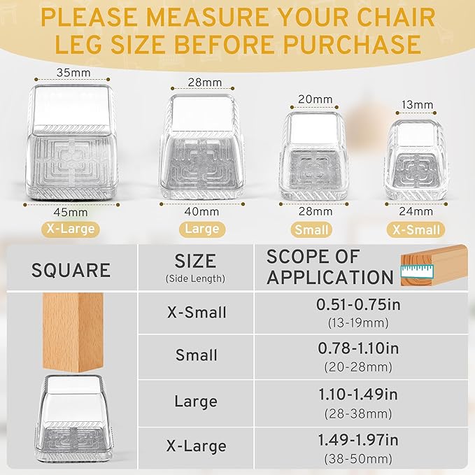 24PCS Extra Small Chair Leg Floor Protectors, Furniture Sliders, Chair Leg Protectors for Hardwood Floors, Non-Slip Felt Furniture Pads, Square Silicone Cap Covers to Protect Floors(Fit 0.5" - 0.75")