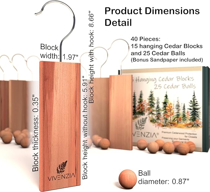 Cedar Blocks for Clothes Storage -40 pcs (15 Hang-ups & 25 Balls)- Cedar Balls for Clothes Storage, Natural Closet Smell Eliminator, Natural Closet Deodorizer, Drawer Fresheners for Dresser.