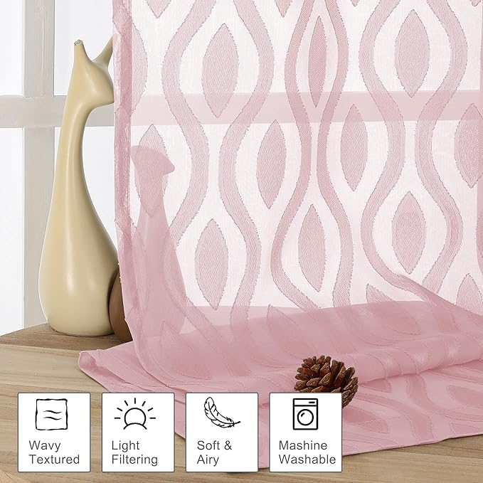 Aiyufeng Blush Pink Sheer Curtains 84 Inches Long 2 Panels Set, Soft Airy Lightweight Transparent Wavy Line Jacquard Farmhouse Curtians for Bedroom Living Room, Dual Rod Pocket, Total 80 inches Width