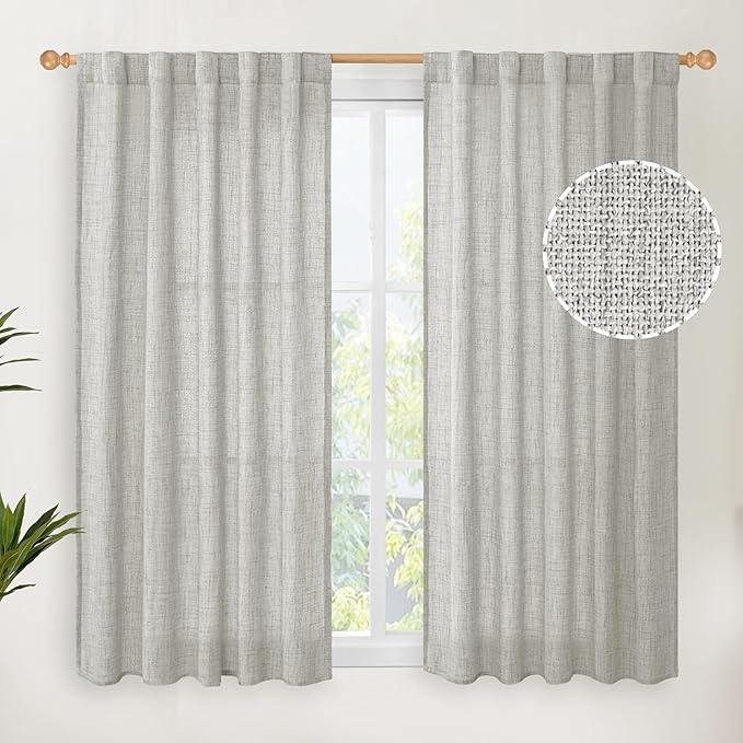 YoungsTex Light Grey Linen Curtains 45 Inch Length for Short Window, Light Filtering Burlap Textured Drapes Rod Pocket Back Tab for Kitchen Living Room Bedroom, 2 Panels, 42 X 45 Inch
