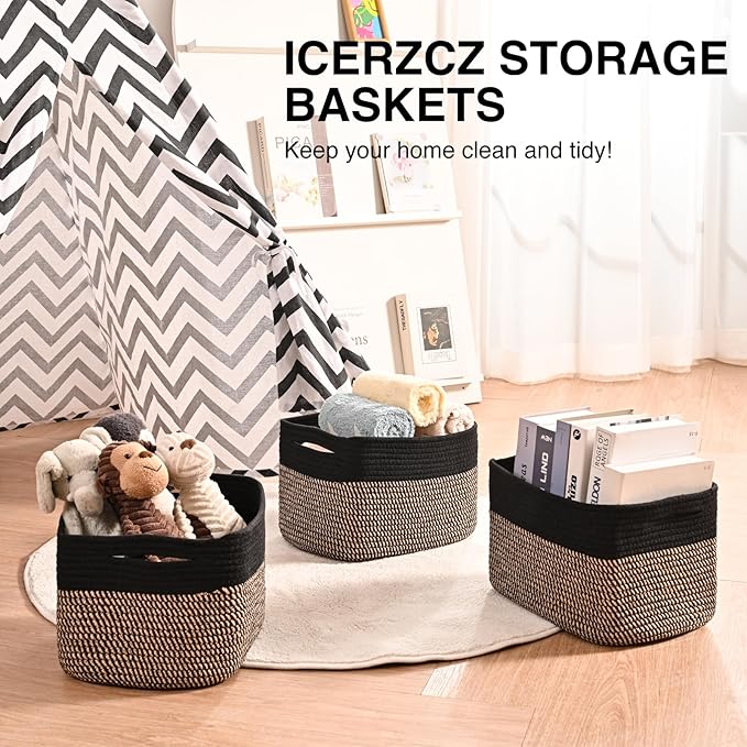 Storage Baskets for Shelves Organizing, Woven Cotton Rope Baskets for Storage, Book Basket, Decorative Shelf Basket, 12.5"Lx9.1''Wx7.9''H (4 Packs) Black & Jute