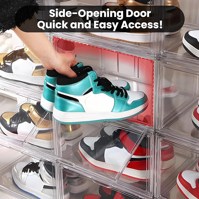 NYZE 12 Pack Acrylic Shoe Boxes Side Open, Clear Shoe Box Plastic Stackable, Shoe Storage Organizer with Magnetic Door, Shoe Display Shoe Containers with Lids Fits Up to Size 15