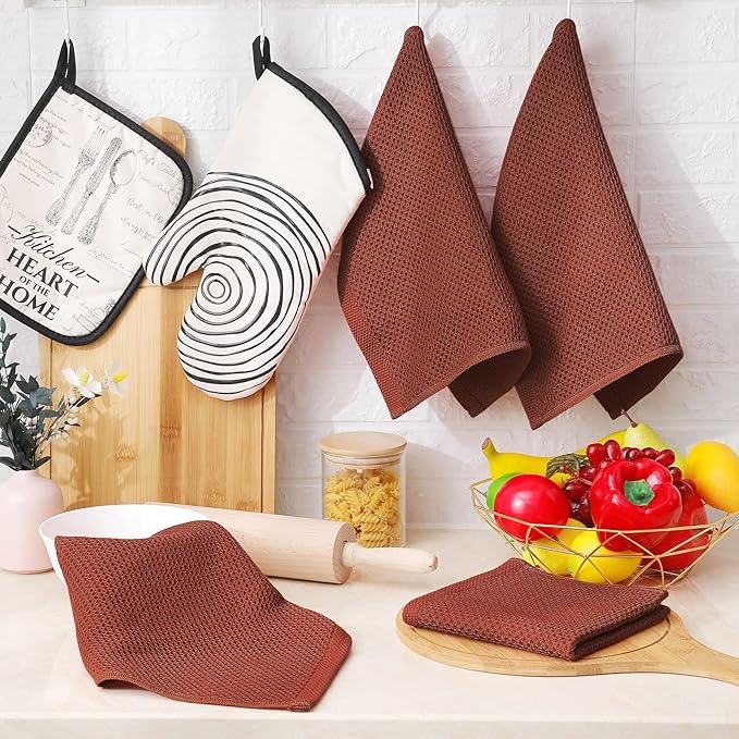 Homaxy 100% Cotton Waffle Weave Kitchen Dish Cloths, Ultra Soft Absorbent Quick Drying Dish Towels, 12 x 12 Inches, 8-Pack, Rust