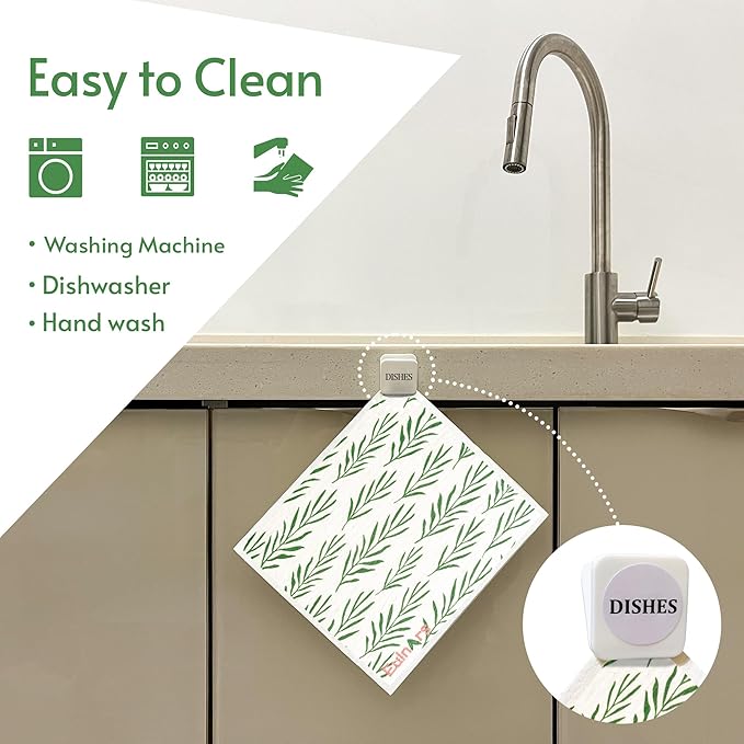 Swedish Dishcloths for Kitchen, 8 Pack Green Reusable Paper Towels with Clips, Non-Scratch Swedish Kitchen Towels, Super Absorbent Cellulose Sponge Cloths, Dishwasher Safe, No Odor