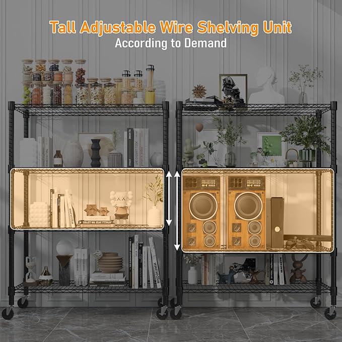 Himimi 18" D×36" W×72" H Storage Shelves with Wheels Metal Wire Shelving Unit 4 Tier Adjustable Shelving Heavy Duty Garage Shelf Organizer Rack Loads 1600LBS，Black