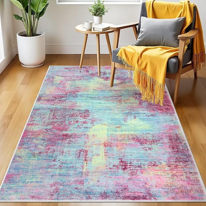 IOHOUZE Abstract Area Rug 3x5 Ft Washable Rugs for Entryway Indoor, Non Slip Kitchen Rug Printed Faux Wool Throw Rugs, Indoor Door Mat for Door Entrance Foyer Living Room, Pink Teal