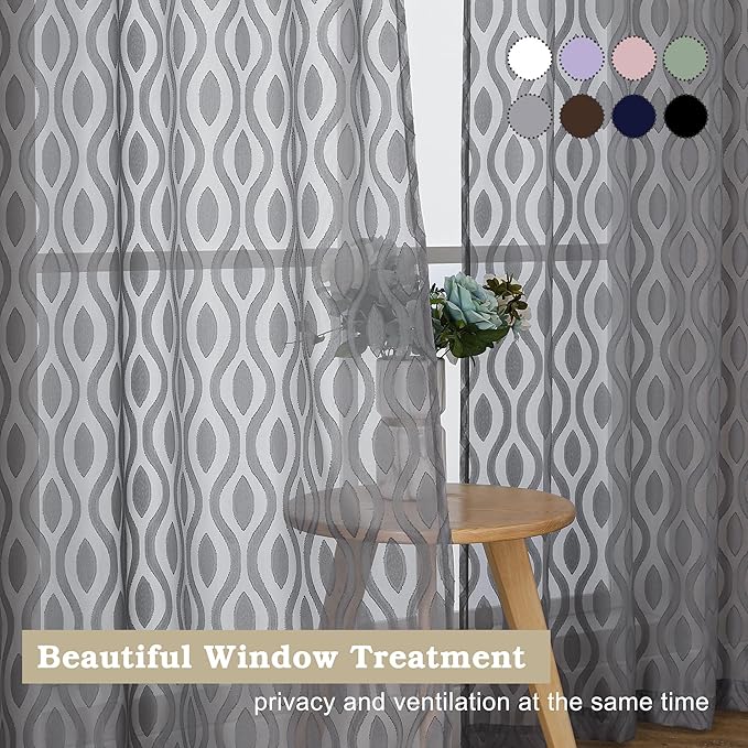 Aiyufeng Extra Long Grey Sheer Curtains 96 Inches Long for Bedroom 2 Panels Set, Farmhouse Wavy Line Light Filtering Clip Jacquard Solid Voile Living Room Curtains, Dual Rod Pocket, 40" Wx96 L Inches