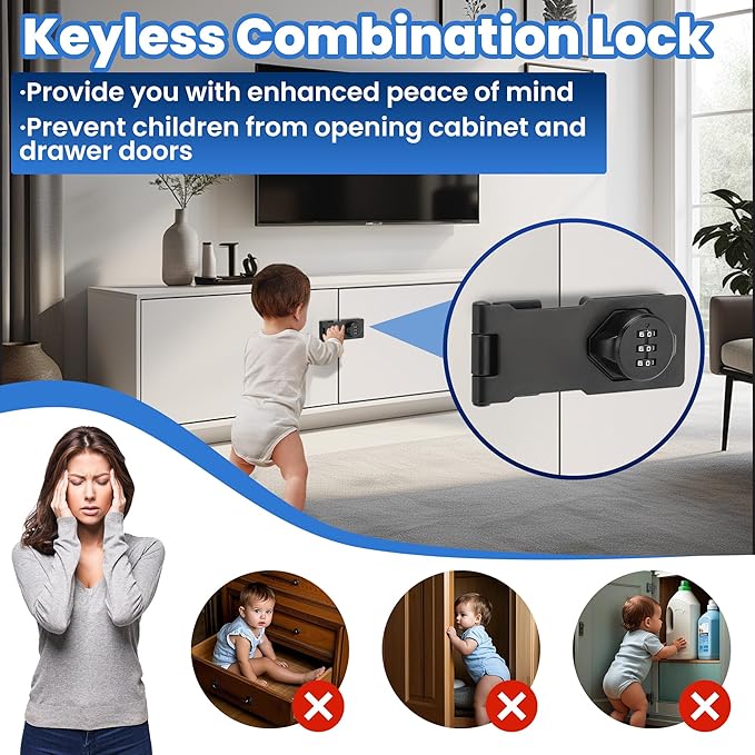 Keyless Cabinet Lock with Combination Code - 3-Digit Password Hasp Latch Lock for Drawers, Bifold Closet Door and Double Sided Door (Black, 4.5 Inch)