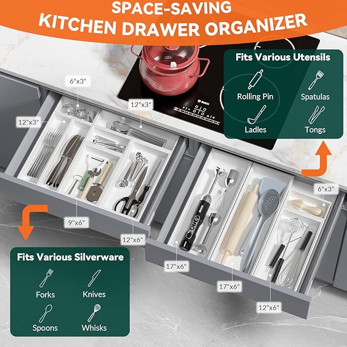 Bamboo Drawer Organizer, Cutlery Silverware Organizer for Kitchen Drawer, Stackable Utensil Organizer, 2 Pcs Flatware Organizer, Wooden Storage Box Tray (White, 9 X 6 X 2 Inch)