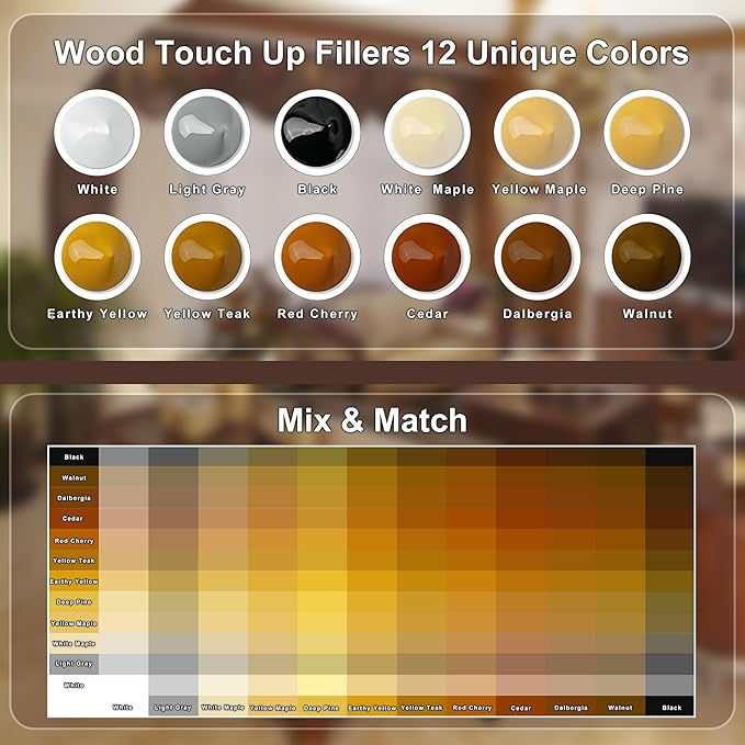 Wood Furniture Repair Kit, 12 Colors Wood Repair Kit, Wood Touch up Fillers, Repair Scratch, Cracks, Discoloration for Wooden Cabinet, Floor, Door, Table Surfaces Wood Filler Paint