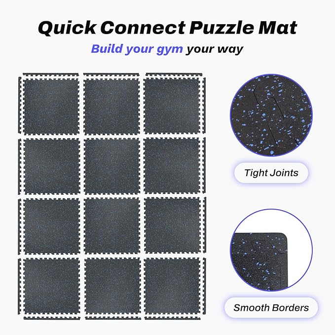 AIRHOP 0.56in Thick 48 Sq Ft Exercise Equipment Mats, 12 Tiles Upgraded Rubber Top with High Density EVA Foam, Large Interlocking Puzzle Gym Flooring for Home Gym, Heavy Weight Workout,Black & Blue