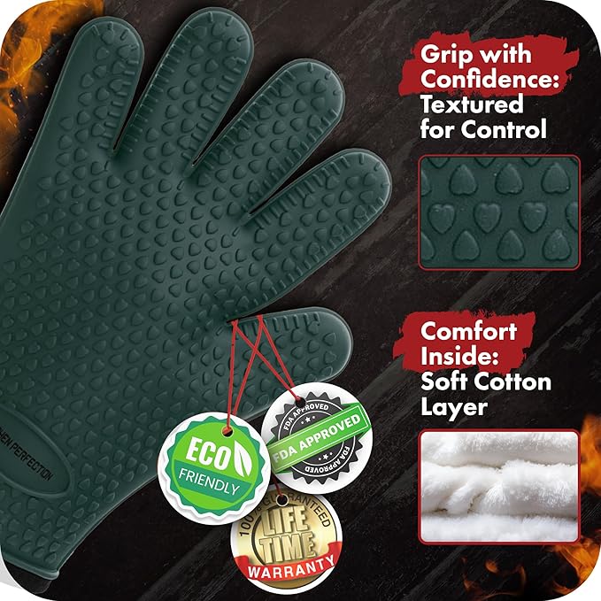 KITCHEN PERFECTION XL Silicone Smoker Oven Gloves-Extreme Heat Resistant BBQ Gloves-Handle Hot Food Right on Your Grill Fryer&Pit|Waterproof Grilling Cooking Baking Mitts|Superior Value Set+3 Bonuses