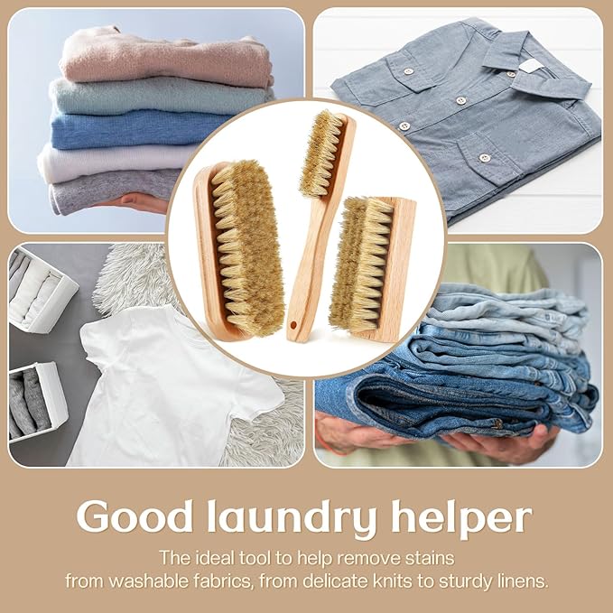 3 Pcs Wood Laundry Stain Brush Stain Remover Brushes with Boar Bristle Small Stain Brush for Clothes for Scrubbing Stains from Furniture Fabric Leather(3 Pcs E)