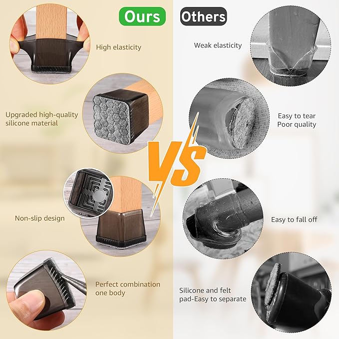 24PCS Square Chair Leg Floor Protectors, Furniture Sliders, Chair Leg Protectors for Hardwood Floors, Non-Slip Felt Furniture Pads, Silicone Cap Covers to Protect Floors, (Fit 1.5" - 2")