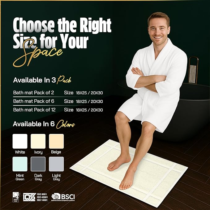Pearl Linens Pack of 2 100% Cotton Bathmat 20x30 inches, Soft & Absorbent Quick Dry Bathroom Mat Set, Not Bathroom Rugs, After Shower Mat, Bath Tubmat, 687 GSM, Machine Washable, Ivory