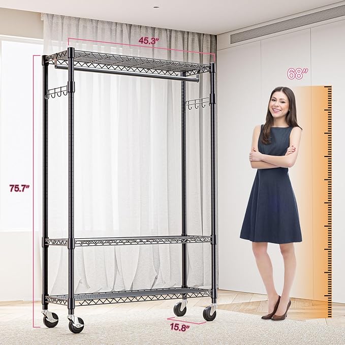 Heavy Duty Rolling Garment Rack 3 Tiers Adjustable Wire Shelving Clothes Rack with 1 Rods and Side Hooks,Storage Closet Clothing Rack with Wheels Black 15.7" D x 45.3" W x 75.6" H