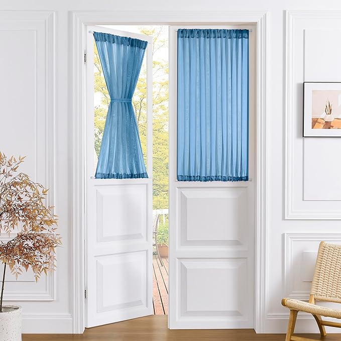 Tollpiz Short Sheer Door Curtains Closet Linen Textured Curtains Sheer Doorway Light Filtering Voile Patio Glass Door Rod Pocket Curtain French Door, 54 x 40 inches Long, Classic Blue, Set of 1 Panel