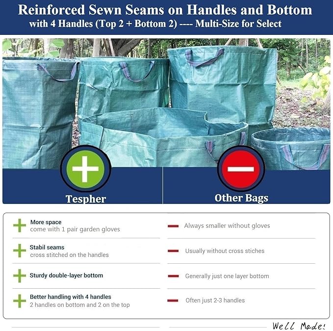 Professional 3-Pack 63 Gallons Lawn Garden Bags (D31, H19 inches) Reusable Yard Waste Bag with Gardening Gloves - Patio Standable Bag,Leaf Bag,Trash Containers,Plant Clippings Bag with 4 Handles