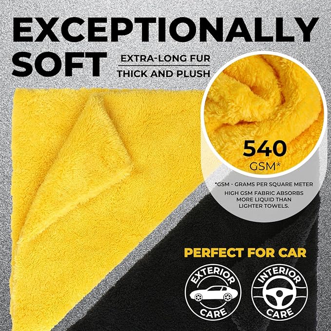 Edgeless Microfiber Towels for Cars – 6pk (12”x12”) - 540 GSM - Super Soft Detailing & Buffing – Scratch-Free & Absorbent Microfiber Cleaning Cloths for Car Polishing