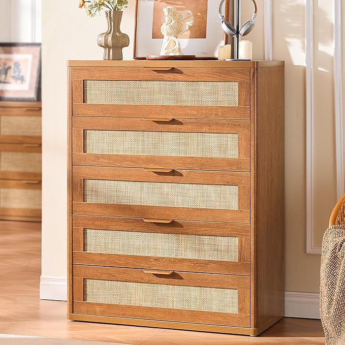 LEYAOYAO Dresser for Bedroom, 41" Tall Chest of Drawers, Modern 5 Drawers Boho Rattan Dressers with Storage, Dresser Wooden Closet Organizer for Living Room, Hallway, Tea Brown