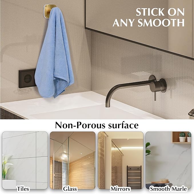 Suction Cup Hooks for Shower - Reusable No-Drill Mounting - Hooks for Towels, Robes & Loofah on Metal, Glass, Mirrors, Tile & Smooth Non-Porous Surfaces (4, Brushed Gold)