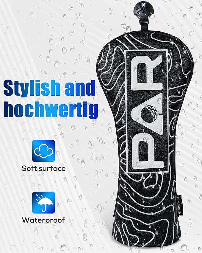 Big Teeth Golf Club Covers Full Set Driver Headcover Fairway Wood Hybrid Golf Club Iron Head Covers, Topographic Edition Putter Cover Leather Golf Head Covers Pure Black, Gifts for Men