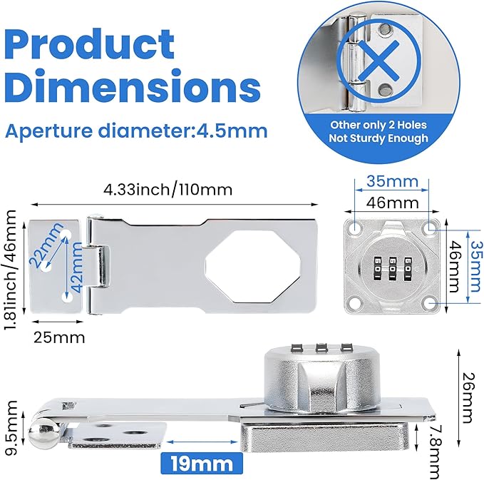 Keyless Cabinet Lock with Combination Code - 3-Digit Password Hasp Latch Lock for Drawers, Bifold Closet Door and Double Sided Door (Silver, 4.5 Inch)