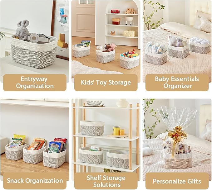 Small Cotton Rope Basket – Storage Bin for Organizing (10.6" x 6.7" x 6.7"), Bathroom Storage Basket for Shelf, Counter & Closet（White & Mixed Grey）
