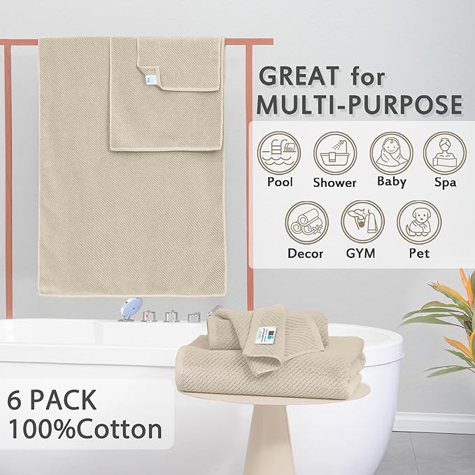 VOOVA & MOVAS Bath Towel Sets - 100% Cotton | Quick Dry | Light Weight | Thick | Soft, Beige Towels Set of 6, 2 Large Bath 30" x 56", 2 Hand 18" x 28", 2 Washcloths 13" x 13", Tan Towel Gift Set