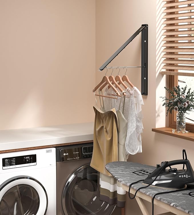 Dr.DJ Clothes Drying Rack with Rod, Wall-Mounted Retractable & Foldable Clothes Hanger for Laundry Room Organization and Storage, Metal Clothes Hanger Rack for Dorm, Closet, Balcony 2Rack, 1Rod Black