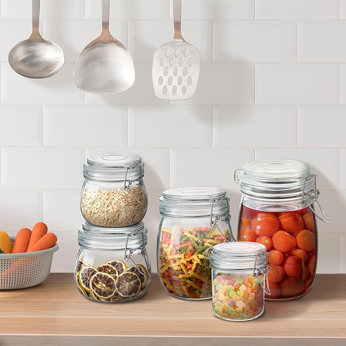 Glass Food Storage Jars with Airtight Lids 34 oz Round 4 Pack Kitchen Storage Containers Large Cabinet Canisters Sealed Pot Canning for Pasta, Cereal, Coffee, Beans, Spice