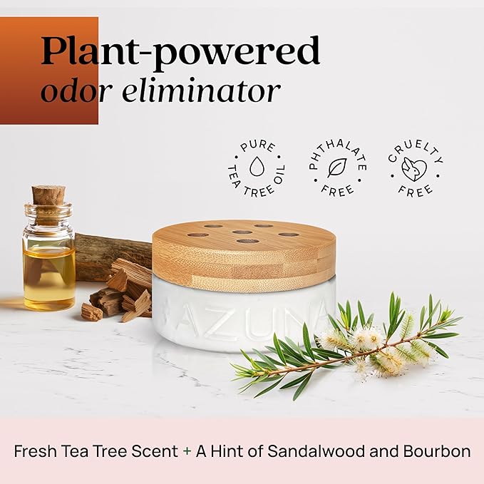 Azuna Air Freshener & Odor Eliminator for Strong Odor | 2 Room Kit Includes (2) Empty Luxe Glass Jar & 12oz Gel Refill with Tea Tree Essential Oil | Sandalwood Scent | Last 60-90 Days