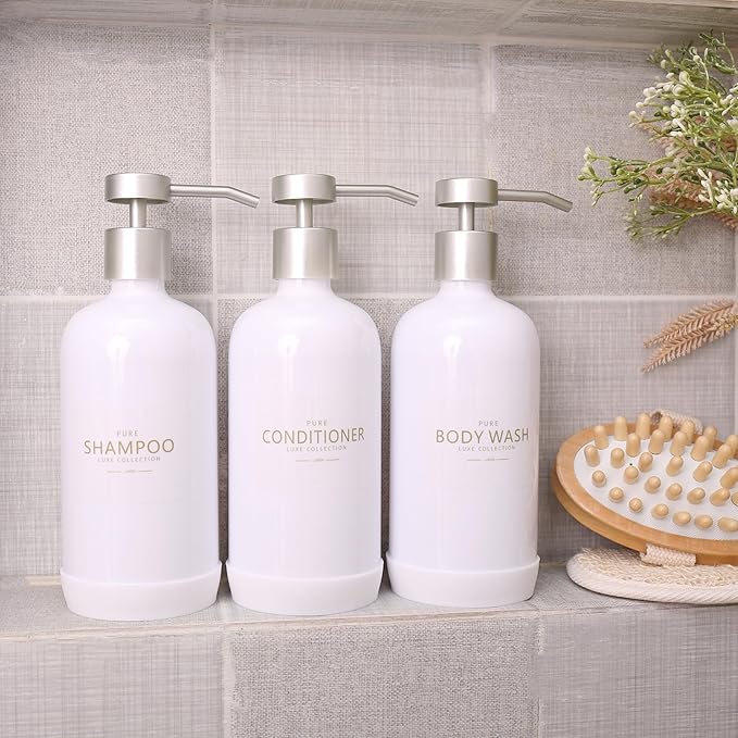 Shampoo and Conditioner Dispenser Set of 3,Refillable 21oz Shampoo Bottles with Non-Slip Protective Silicone Pad,Shower Soap Dispenser with Waterproof Labels for Bathroom (White)