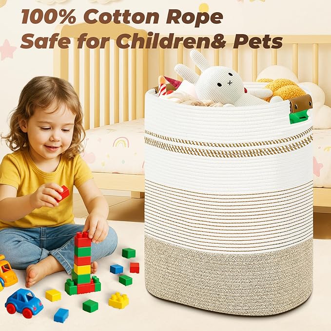 Laundry Basket with Handles - Blanket Basket & Hampers for Bedroom Aesthetic, Laundry Hamper & Blanket Storage for Living Room, Clothes Hamper, Tall, Large 17" x 14" x 22”, Light Brown & White