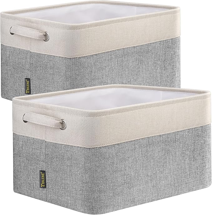 BALEINE 2 Pack Fabric Storage Bins for Shelves, Linen Storage Baskets for Organizing, Decorative Closet Bins for Clothes, Home (Grey, 12"x8"x8")