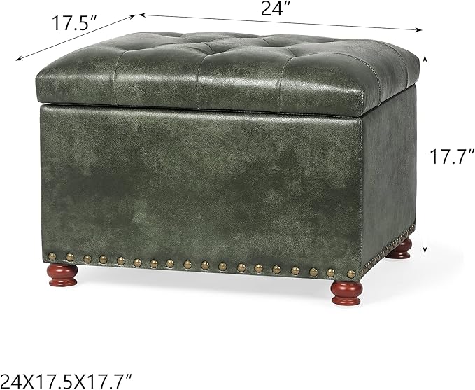 Joveco Storage Ottoman Rectangular Tufted Upholstered Ottomans with Rivet, Footrest Footstool Seat with Wood Legs for Living Room Bedroom (Black Green)