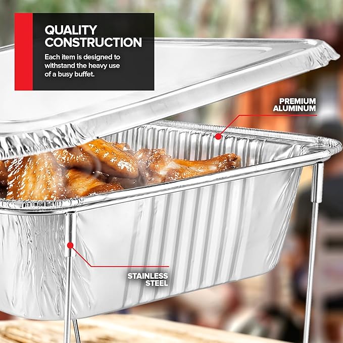 Complete Chafing Dish Buffet Set (39pc) Disposable Catering Supplies- Includes Serving Utensils, 6hr Fuel cans, 6 Half Size Chafing Pans & Wire Racks- Premium Party Food Warmer Trays