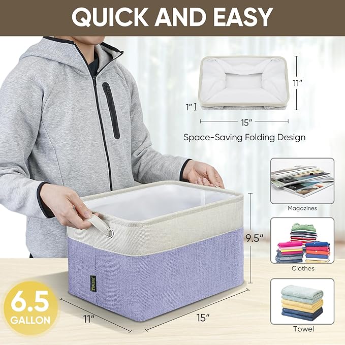 BALEINE 4 Pack Fabric Storage Bins for Shelves, Linen Storage Baskets for Organizing, Decorative Closet Bins for Clothes, Home (Lavender, 15''x11''x9.5'')