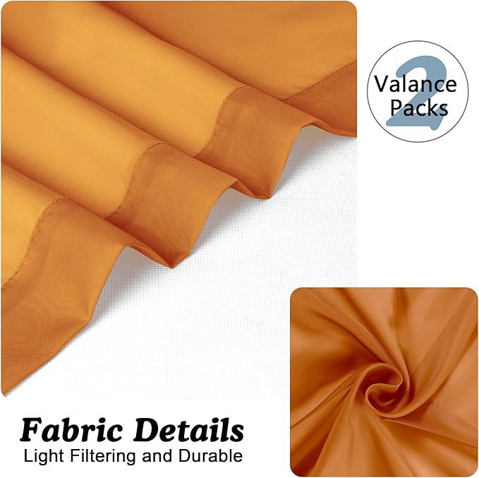 Chyhomenyc Sheer Valances for Windows 2 Pack, 42Wx14L Inches Short Valance for Living Room Bathroom Cafe Laundry Basement, Cute Orange Dual Rod Pockets Voile Valance, 1Pair