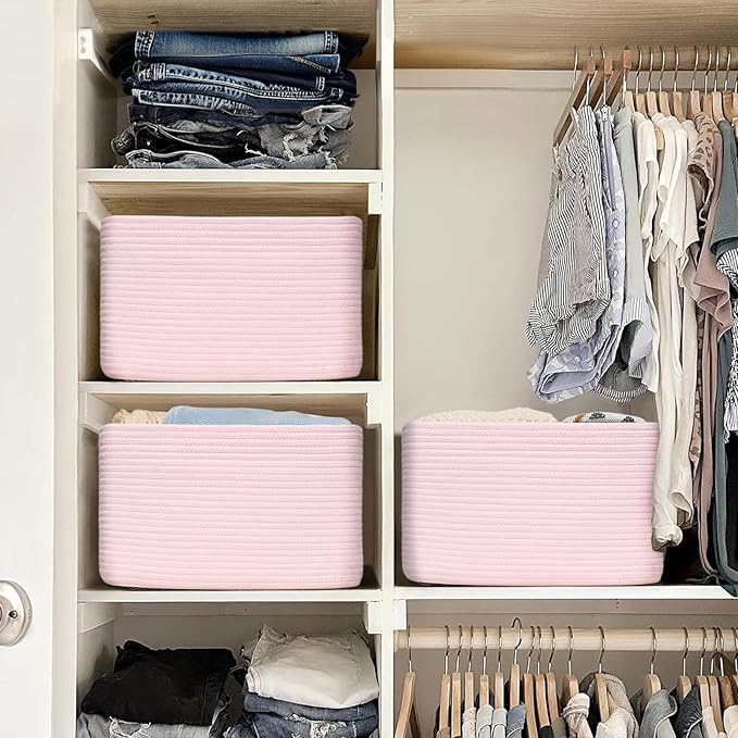 3-Pack Shelf Baskets for Organizing, Woven Storage Basket for Shelves, Cotton Rope Storage Bins for Toys Books, Nursery Towel Baskets for Classroom, 14.96"X9.8"X8.85", Pink