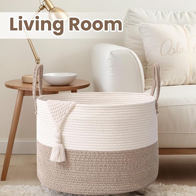 Woven Blanket Basket,115L Large Rope Storage Bin with Handles, Organizer for Blankets Toys Book and Clothes, Laundry Basket for Living Room Bedroom Nursery,White&Brown