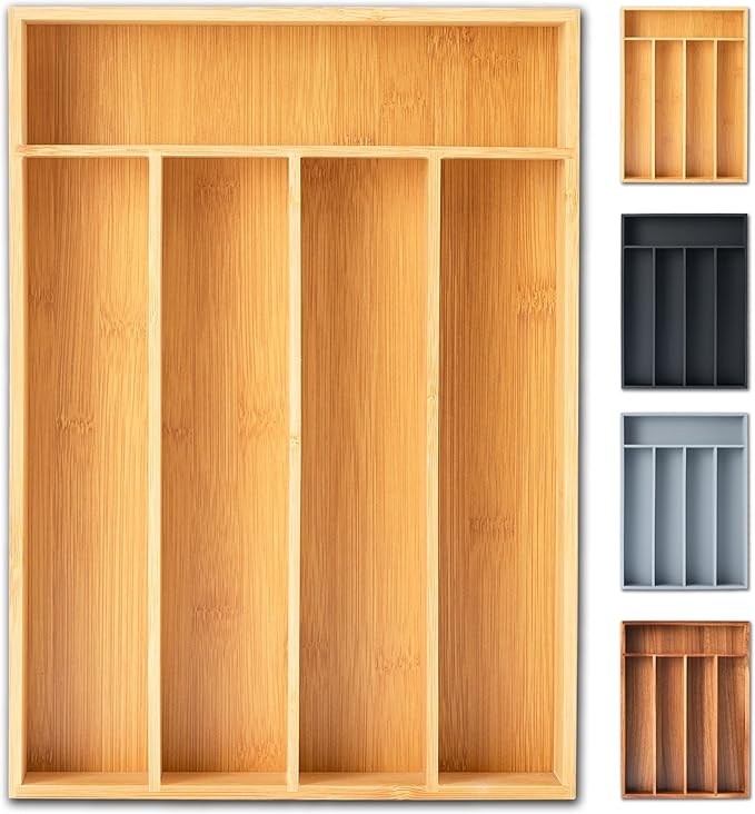 Silverware Organizer, 10 Inch Utensil Organizer Kitchen Drawer Organizer Bamboo Silverware Holder Cutlery Tray Organizer in Drawer Flatware Organizer Tray(5 slots, Natural）