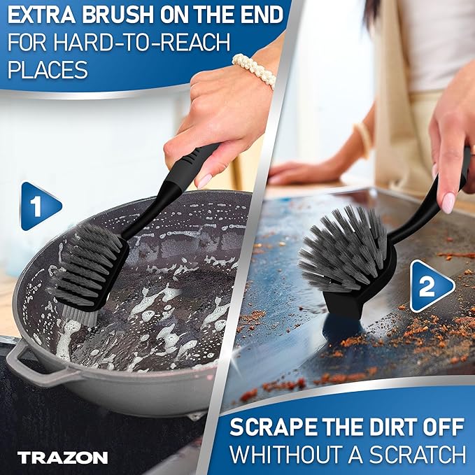 Dish Brush Set of 5 with Holder - Kitchen Scrub Brushes with Non-Slip Long Handle for Cleaning, Scrubber, Dishwashing, Dishes, Bottles, Straws, Cups, Pots & Sink, Black