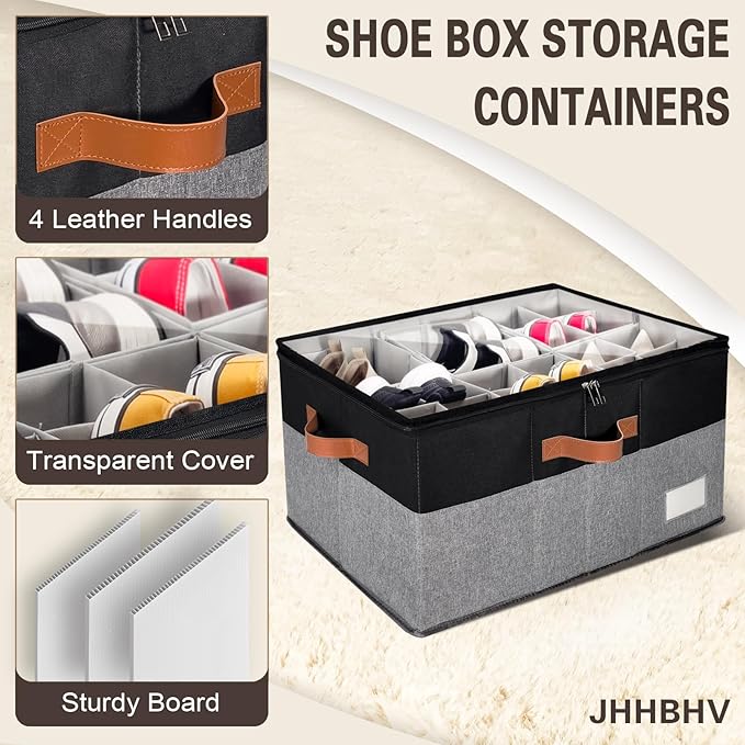 2 Pack Shoe Organizer for Closet, Adjustable Shoe Box Storage Containers, Large Foldable Shoe Bins with Clear Cover, Space Saving Shoes Holder with 4 Handles, Fits 24-48 Pairs, Black