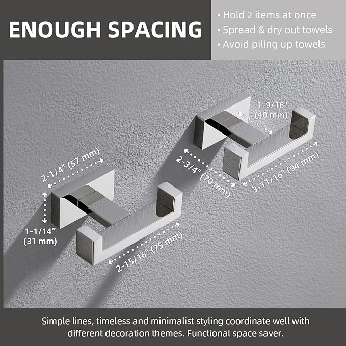 Angle Simple Double Towel Hooks, SUS 304 Stainless Steel Robe Coat Wall Hooks for Bathroom, Polished Chrome, 2 Pack