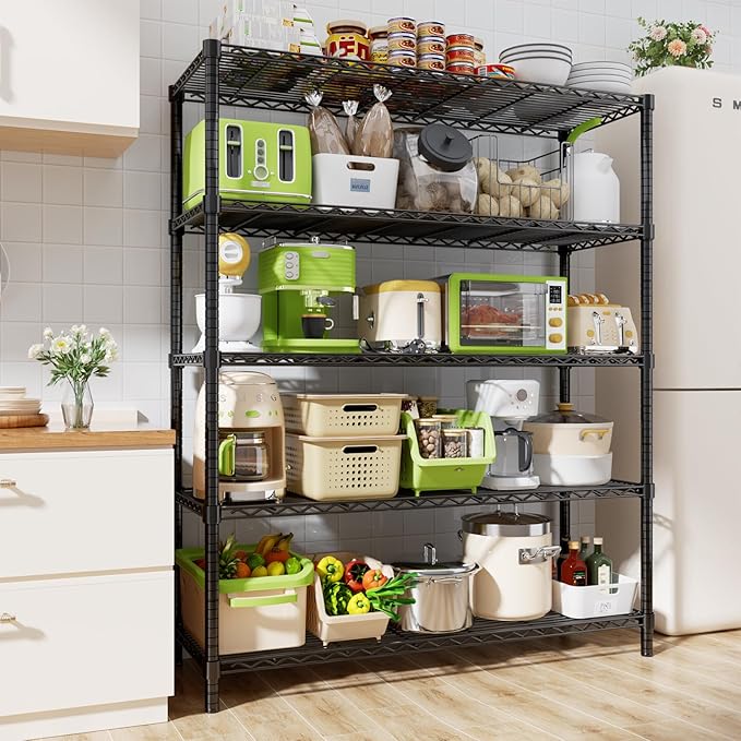 Storage Shelves, 48" L x 20" W x 72" H Heavy Duty Garage Wire Shelving Unit Loads 2000LBS, 5-Tier Adjustable Metal Industrial Utility Shelf Rack for Kitchen, Laundry Room, Basement